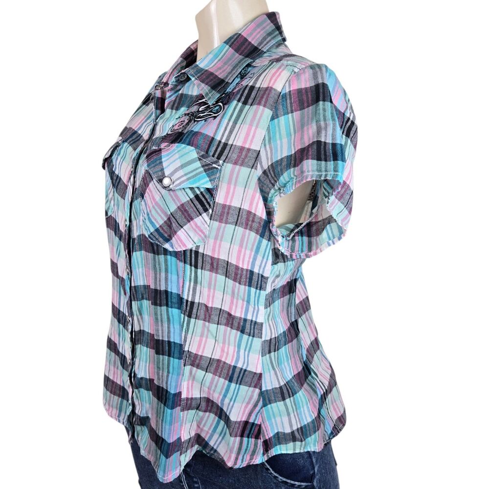 Harley Davidson Pearl Snap Button Shirt Women L Plaid Blue Pink Embroidered Wing - Picture 3 of 7